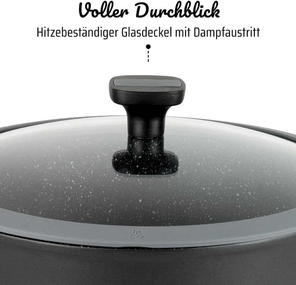 GSW 167833 Schmorpfanne Easy Click 28cm mit Glasdeckel 5-tlg. und abnehmbaren Griffen, Aluminium, Ku