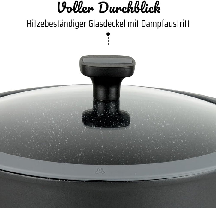GSW 167833 Schmorpfanne Easy Click 28cm mit Glasdeckel 5-tlg. und abnehmbaren Griffen, Aluminium, Ku
