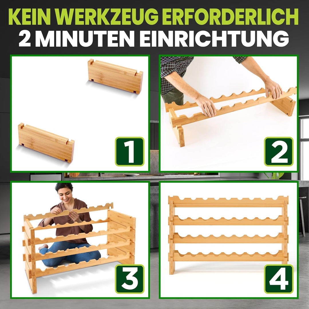 NutriChef Regal Schmal Weinregal aus Bambus Holz – 36 Flaschen, 4 Etagen – Stapelbares Flaschenregal