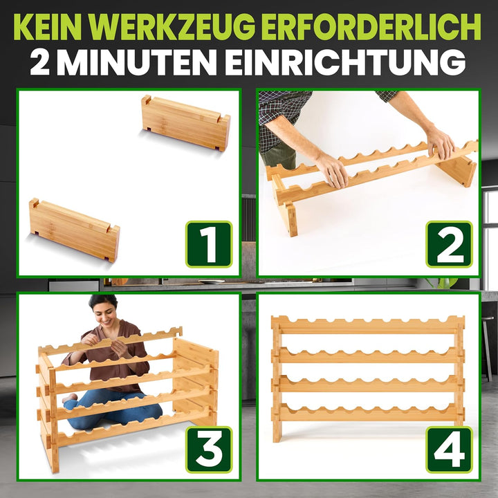 NutriChef Regal Schmal Weinregal aus Bambus Holz – 36 Flaschen, 4 Etagen – Stapelbares Flaschenregal