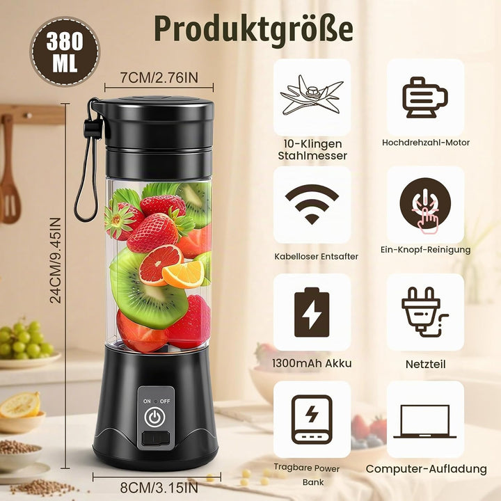 380ML Tragbarer Mixer, Elektrischer USB-Entsafter, Smoothie Maker to go, Mini-Mixer für Shakes und S