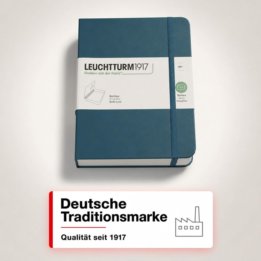 LEUCHTTURM1917 361662 Buchbox - Schachtel, Notizbuch-Look, 255 x 329 x 60 mm, mit Aufklebern, Gummi,