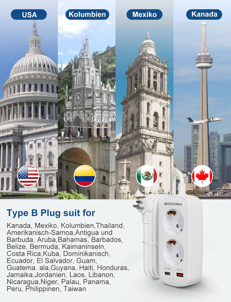 USA Adapter Steckdose, Reiseadapter mit PD20W USB Schnellladung, Deutsch zu US Adapter Steckdose 2-F