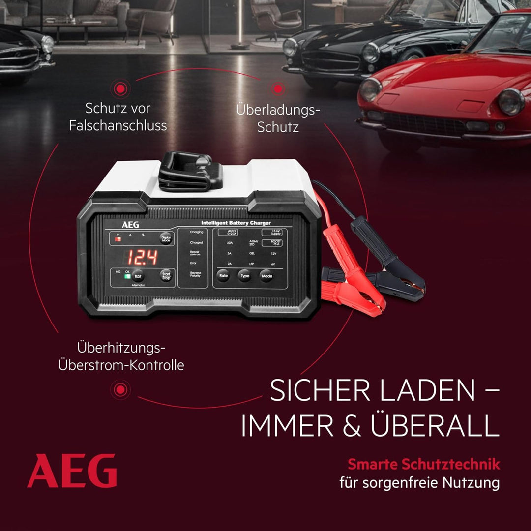 AEG Batterieladegerät CW20 lädt alle 6 V und 12 V Batterien, umfangreicher Sicherungsschutz, mit Lad