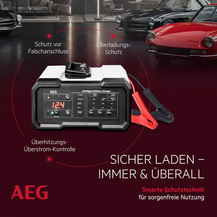 AEG Batterieladegerät CW20 lädt alle 6 V und 12 V Batterien, umfangreicher Sicherungsschutz, mit Lad