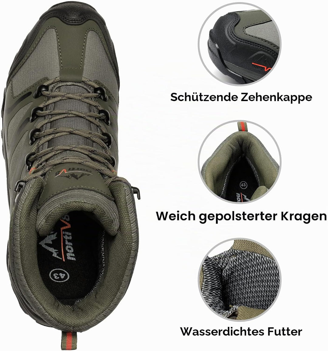 NORTIV 8 Herren 160448_m-w Wanderstiefel 43 EU Weit Armee Grün Schwarz Orange, 43 EU Weit Armee Gr&amp;