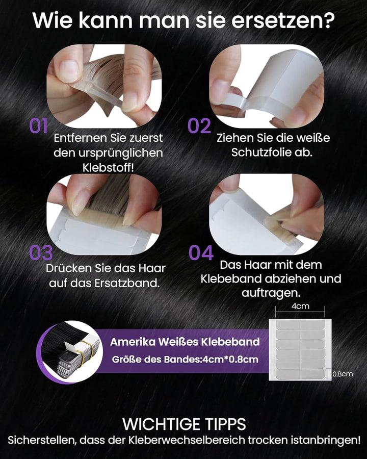 LaaVoo Extensions Echthaar Tape in Schwarz Tape in Haarextension Echthaar 55cm Tape in Schwarz Haarv