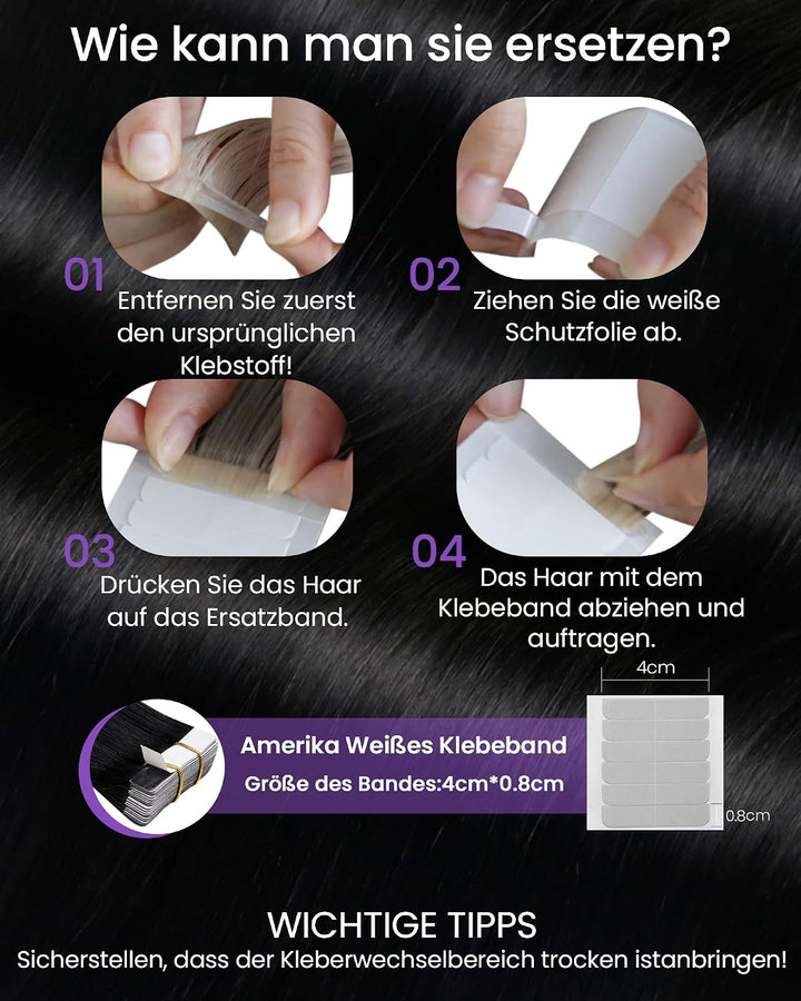 LaaVoo Tape Extensions Echthaar Schwarz Echthaar Extensions Tape 40cm Invisible Haarverlängerung Ech