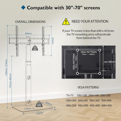 BONTEC TV-Standfuss, Bodenständer für 30-70 Zoll LED/LCD/OLED/Plasma-Fernseher, Weiss - Bis 40 kg Tr