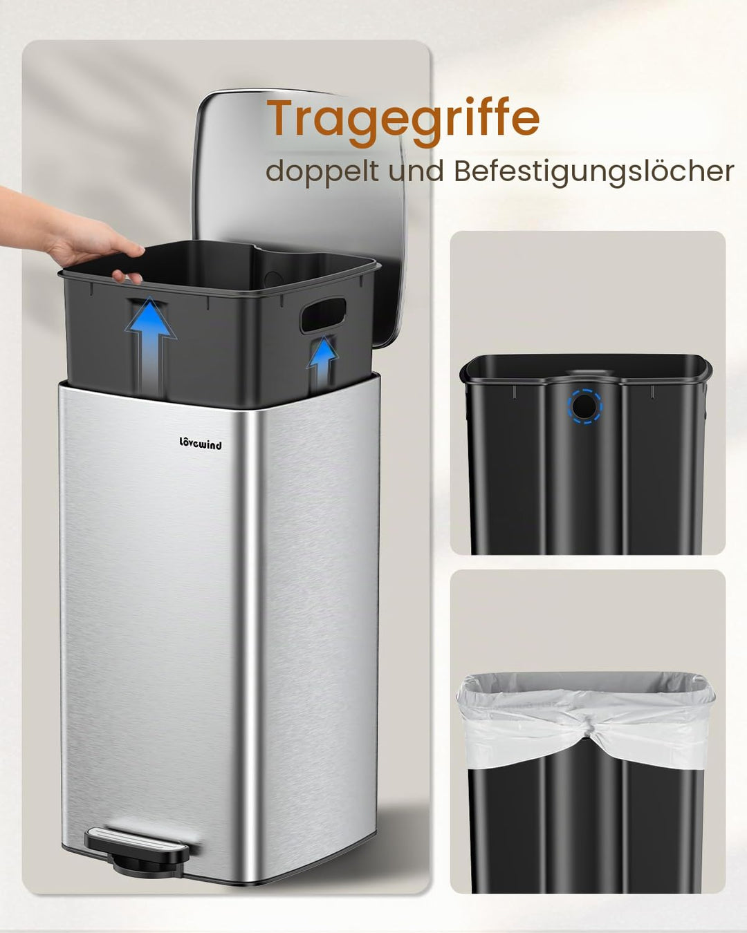 lovewind Küchenabfalleimer, 30L Silber Mülleimer Küche aus Edelstahl mit Pedal, mit Deckel und Innen