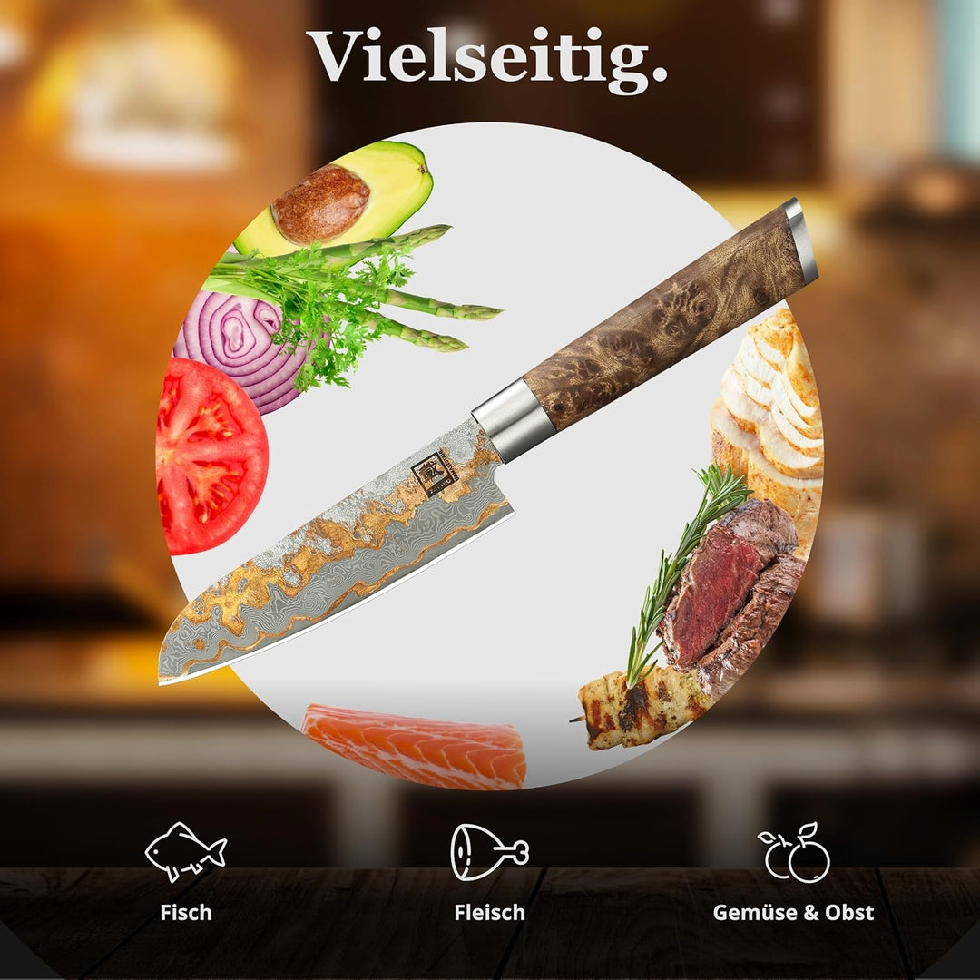 zayiko MysticMagma Damastmesser Santoku (klein) I Messer mit 12 cm Klinge gefertigt aus 67 Lagen Dam