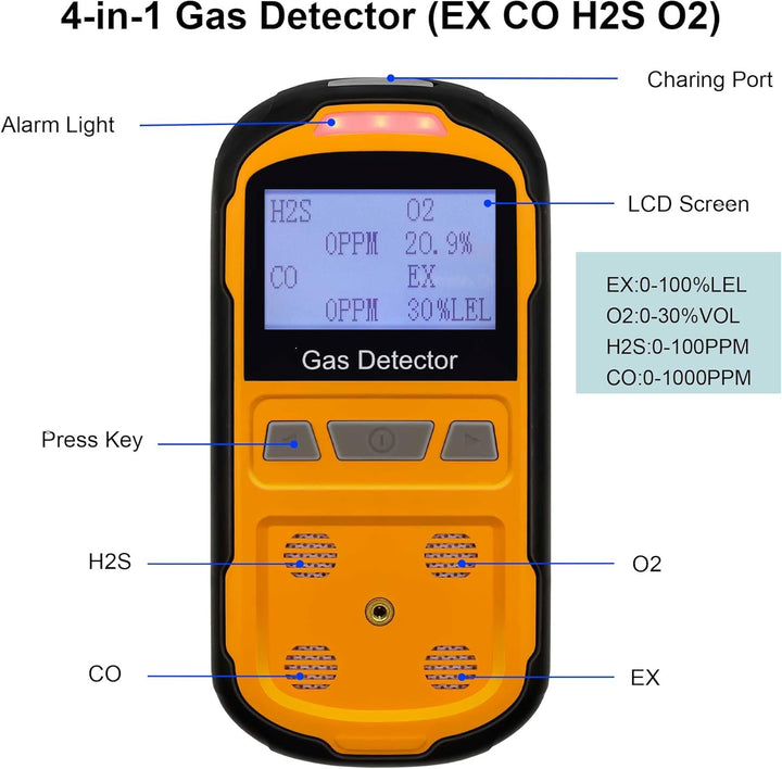 Gaslecksuchgerät für H2S CO O2 und LEL, tragbarer Multi-Gasmelder Gasdetektor mit akustischen, visue