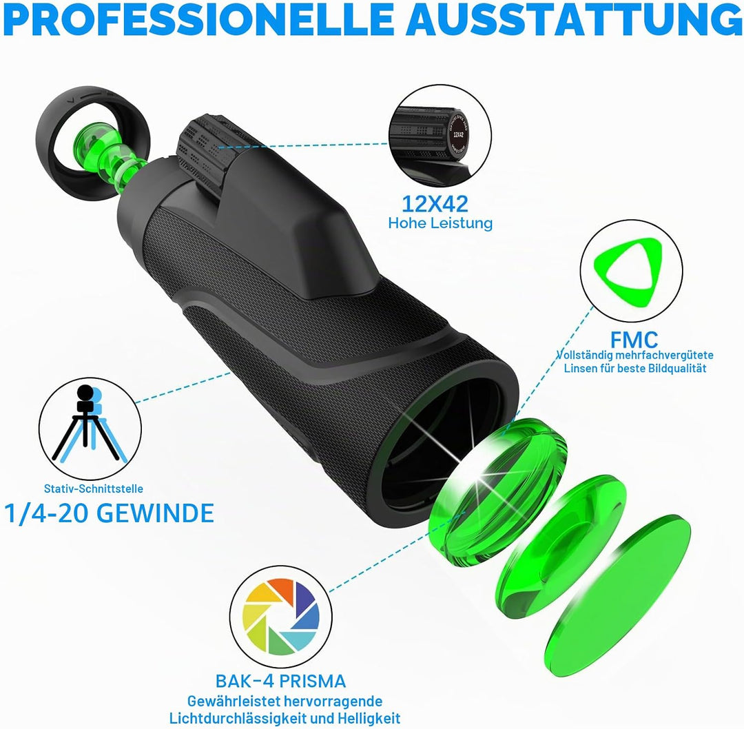 12x42 Zoom Fernrohr monokular, Mono fernglas Erwachsene, mit Smartphone Halter Stativ,für Wildtiere