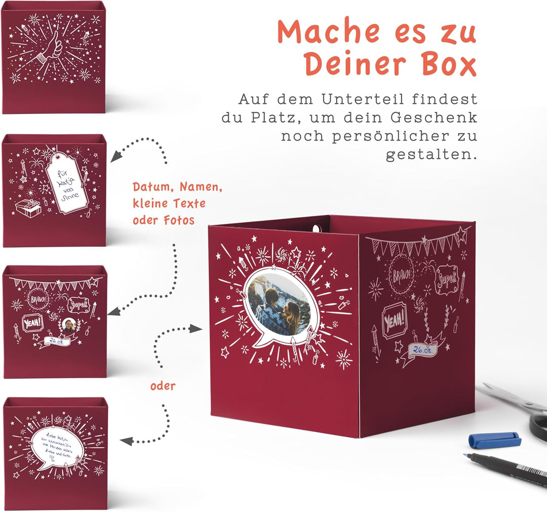 SURPRISA Geschenkbox für Weihnachten, Rätselbox für Geldgeschenke, Glitzer-Design in Rot mit Xmas-Au