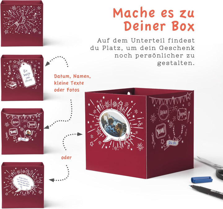 SURPRISA Geschenkbox für Weihnachten, Rätselbox für Geldgeschenke, Glitzer-Design in Rot mit Xmas-Au