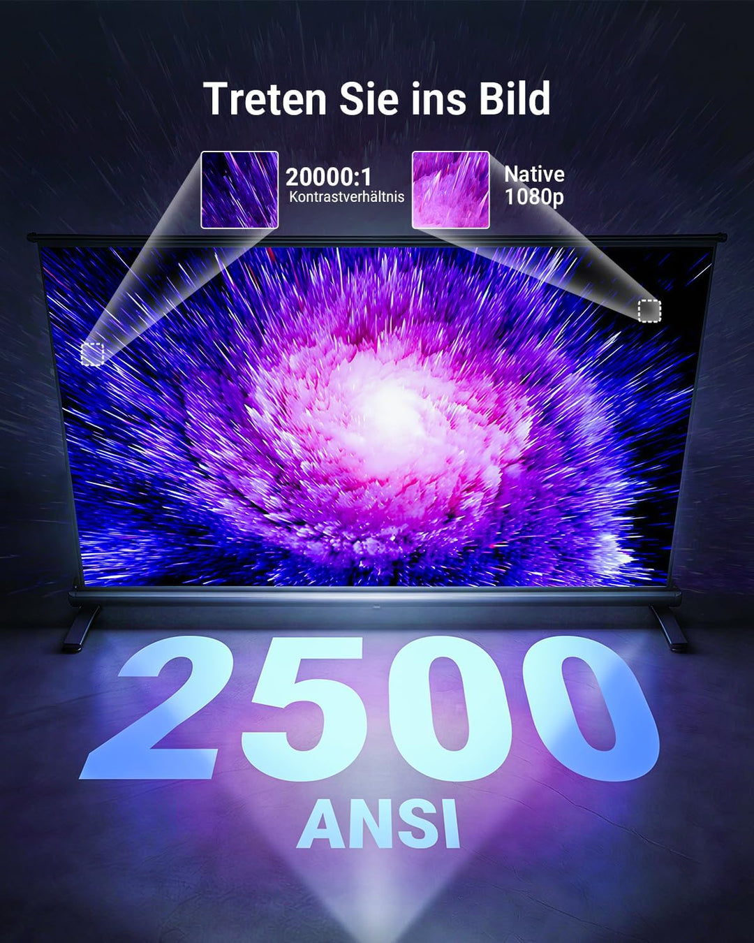Smart Beamer mit Autofokus & automatischer Trapezkorrektur, WiFi Bluetooth Full HD 1080P, 500 ANSI