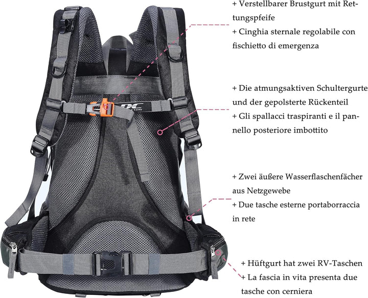 Wanderrucksack 40l Damen Herren Rucksack Wasserdicht Reiserucksack mit Regenschutz Schwarz, Schwarz
