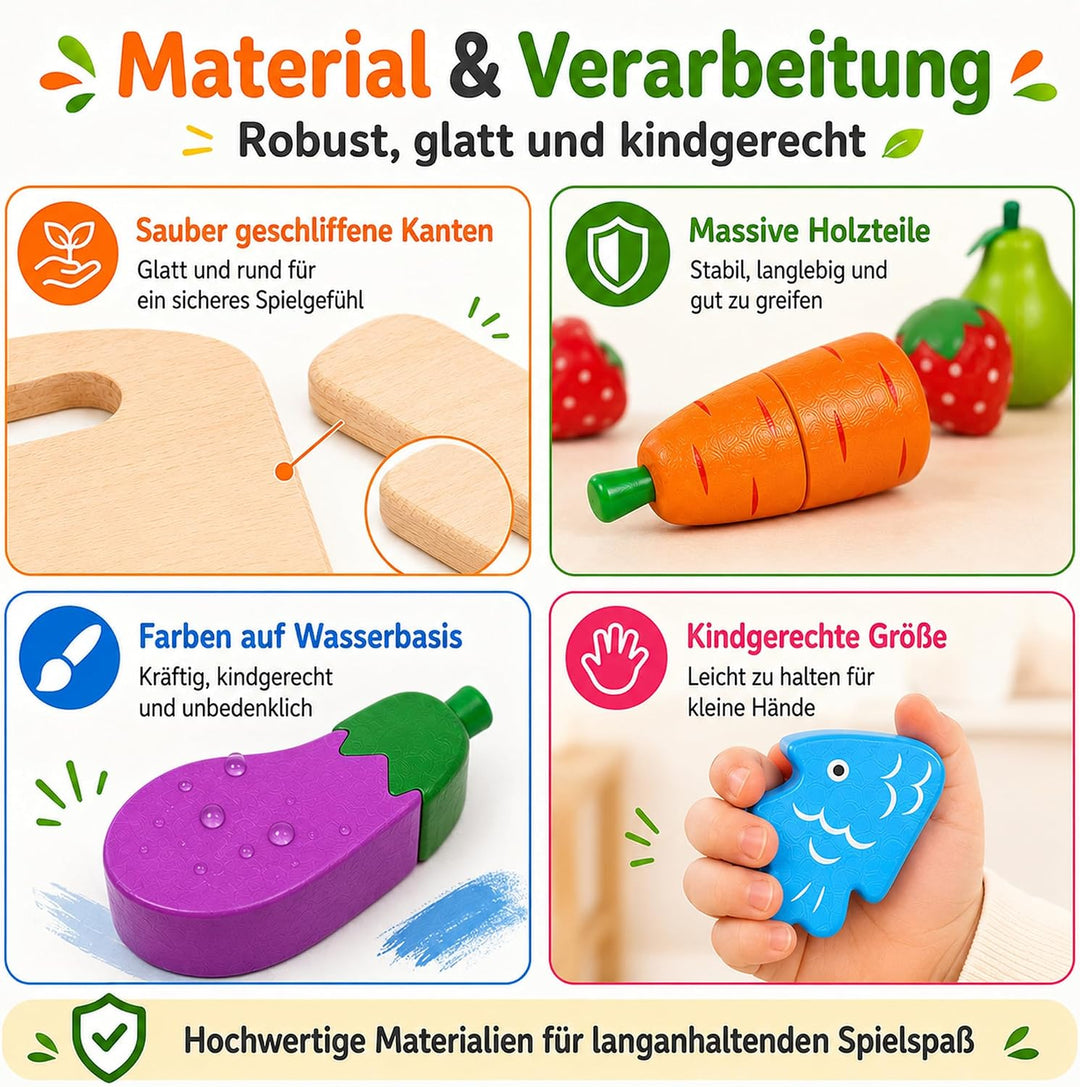 Kinder Holzspielzeug Küche – Schneideset mit Obst und Gemüse zum Zerschneiden, inkl. Schäler/Holzmes