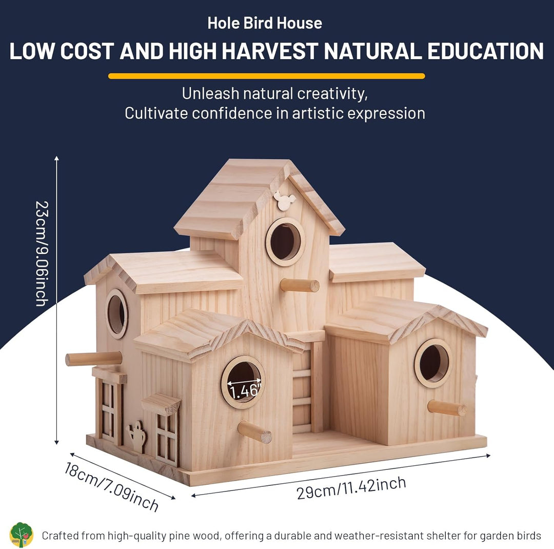 Vogelhaus aus Holz mit mehreren Einstiegslöchern, Kiefer natur, dekoratives Gartenhaus
