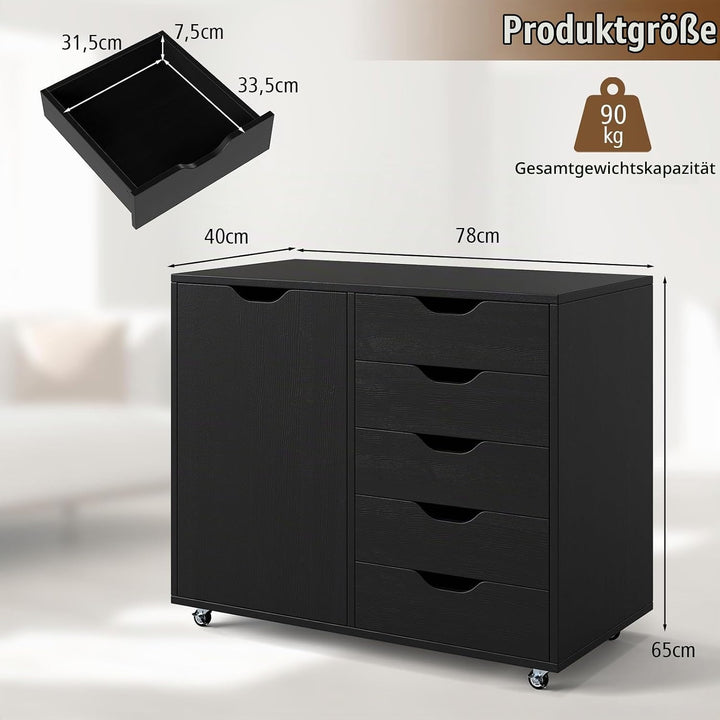 GIANTEX Rollcontainer mit 5 Schubladen &amp; Schrank, Aktenschrank mit Rollen, Schubladenschrank Holz un