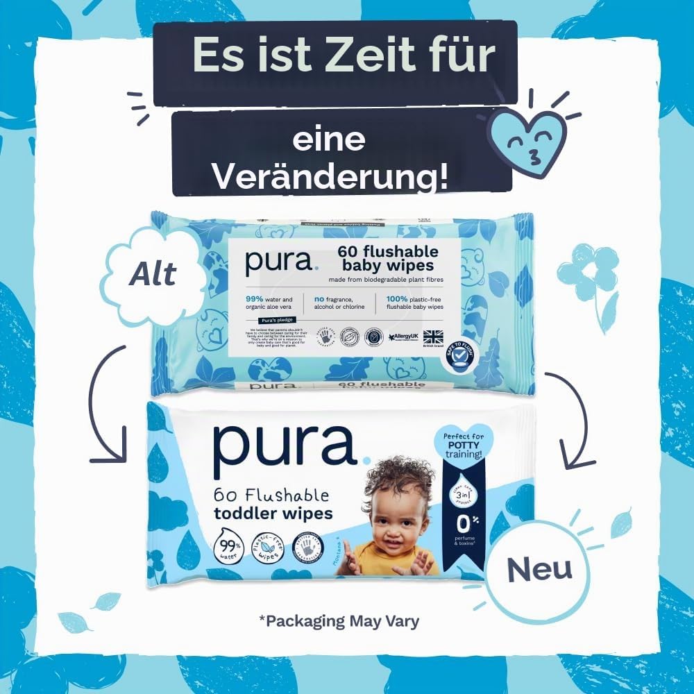 Pura Spülbare Öko-Baby-Feuchttücher für empfindliche Babyhaut, 720 Tücher (12 x 60 Tücher), Monatsbo