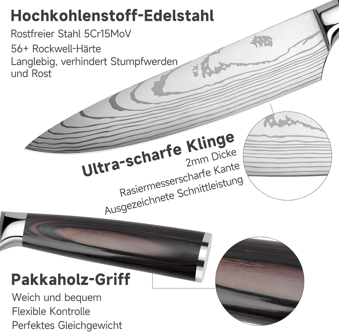 Gustrug Messerset 5-tlg Küchenmesser Set aus Hochwertigem Edelstahl, Ergonomischen Griff, Profi Mess