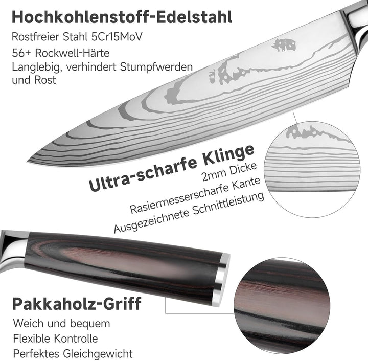 Gustrug Messerset 5-tlg Küchenmesser Set aus Hochwertigem Edelstahl, Ergonomischen Griff, Profi Mess