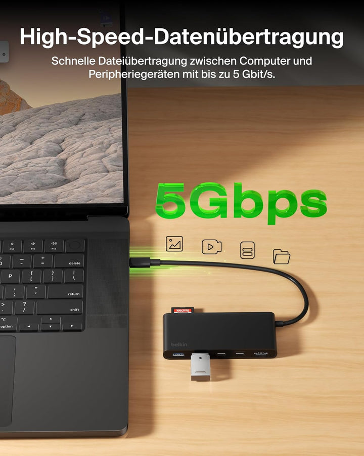 Belkin USB C Hub, 7-in-1 Docking Station, 4K bei 60 Hz, SD, MicroSD, 100 W Power Delivery, 5 Gbit/s