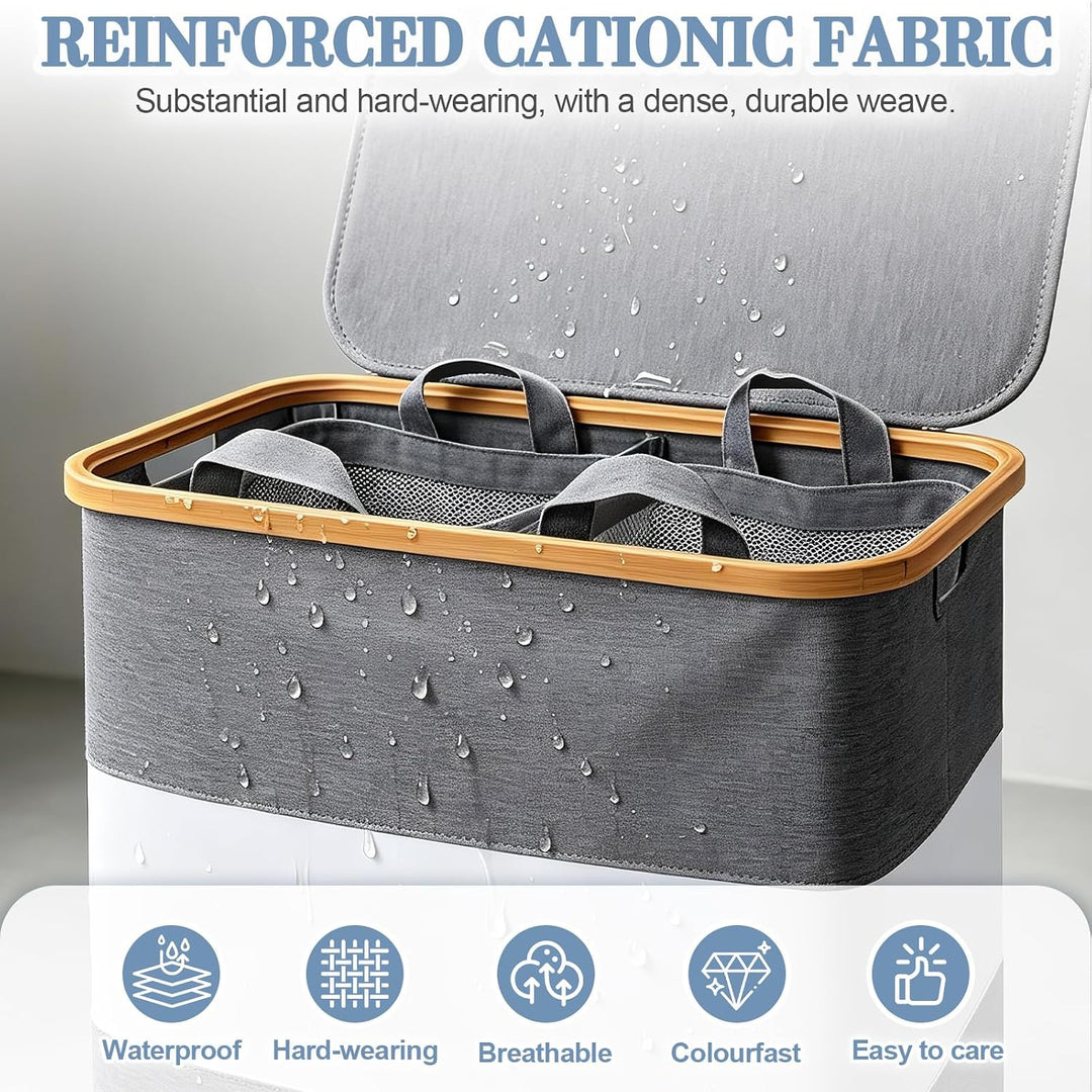 Verdego Wäschekorb mit Deckel, 2 Wäschesack, Wäschesammler, 102L, Grau | Laundry Basket Faltbarer, W