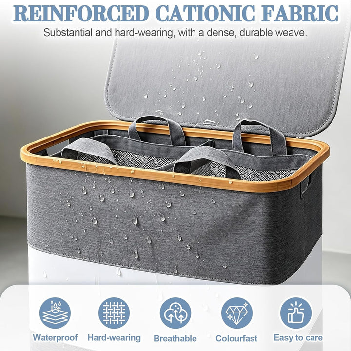 Verdego Wäschekorb mit Deckel, 2 Wäschesack, Wäschesammler, 102L, Grau | Laundry Basket Faltbarer, W