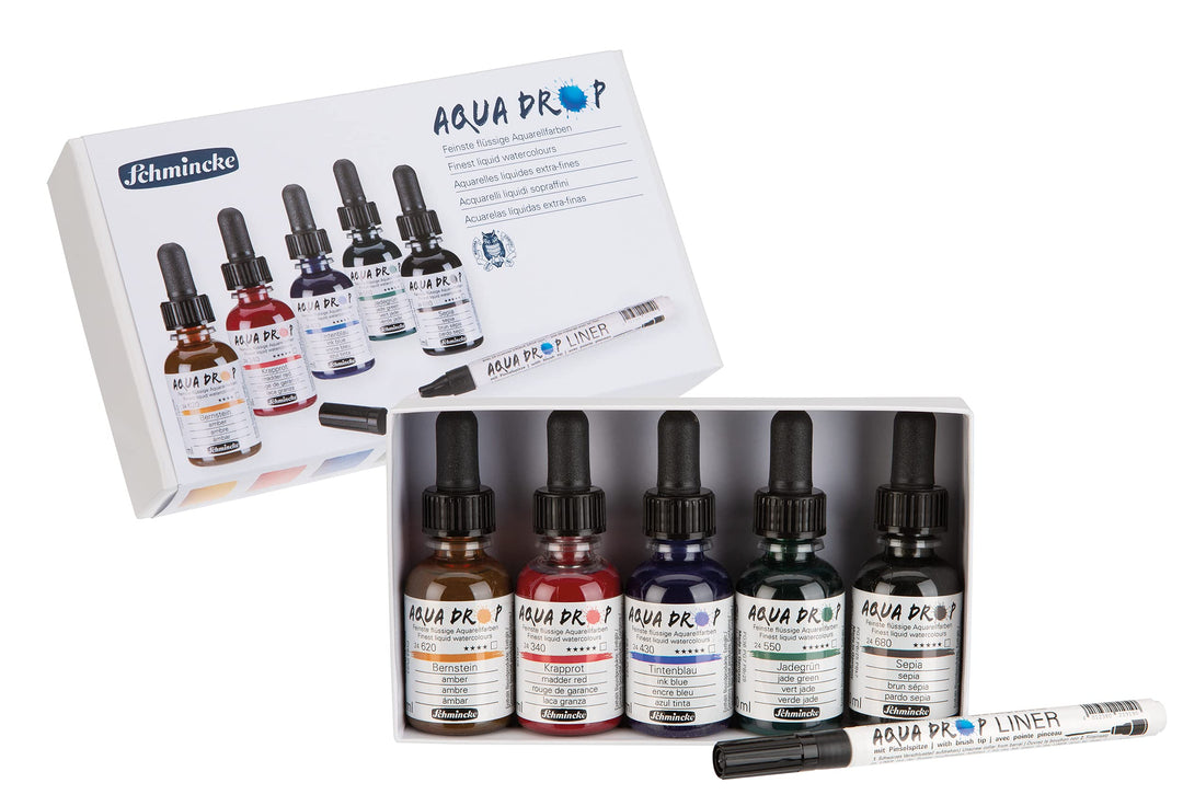 Schmincke - AQUA DROP, flüssige Aquarellfarbe, 5 x 30 ml lasierende Farbtöne + LINER mit Pinselspitz