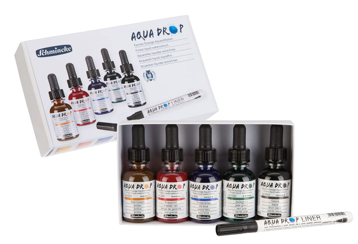Schmincke - AQUA DROP, flüssige Aquarellfarbe, 5 x 30 ml lasierende Farbtöne + LINER mit Pinselspitz