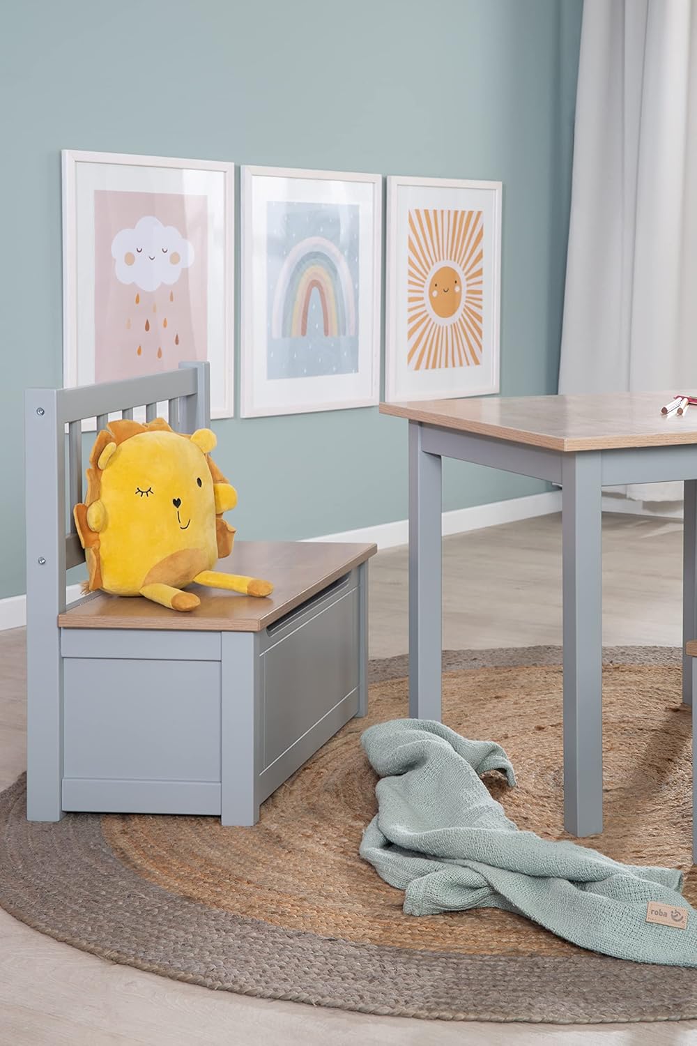 roba Kindertruhenbank Woody - Spielzeugtruhe in Holz Natur &amp; Taupe lackiert - Kinderbank mit Deckelb