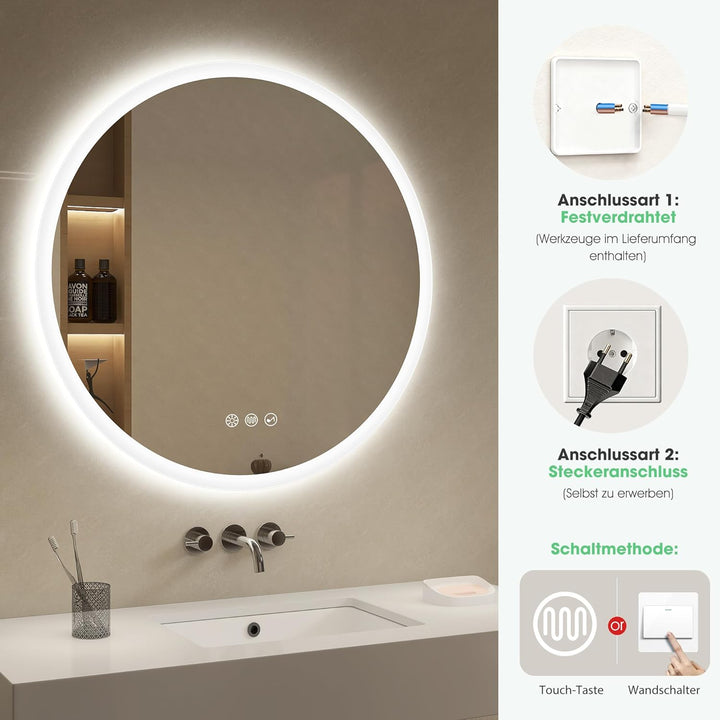 S'bagno Runder-Badspiegel-mit-Beleuchtung-60cm, Badezimmerspiegel-mit-Beleuchtung-und-Bluetooth, Ent