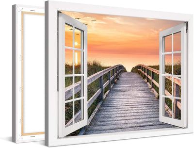 PICANOVA – Bild auf Leinwand Holzweg zum Meer Fenster 80x60cm – Leinwandbild – Premium Leinwanddruck