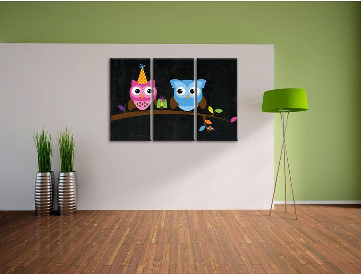Pixxprint Party Eulen als Leinwandbild/Grösse: 3 Teilig (120x80) cm/Wandbild/Kunstdruck/fertig bespa