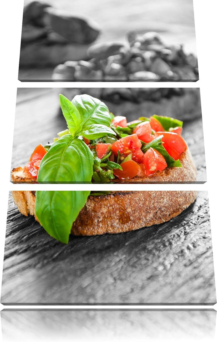 Leckere Tomaten Bruchetta schwarz/weiss 3-Teiler Leinwandbild 120x80 Bild auf Leinwand, XXL riesige