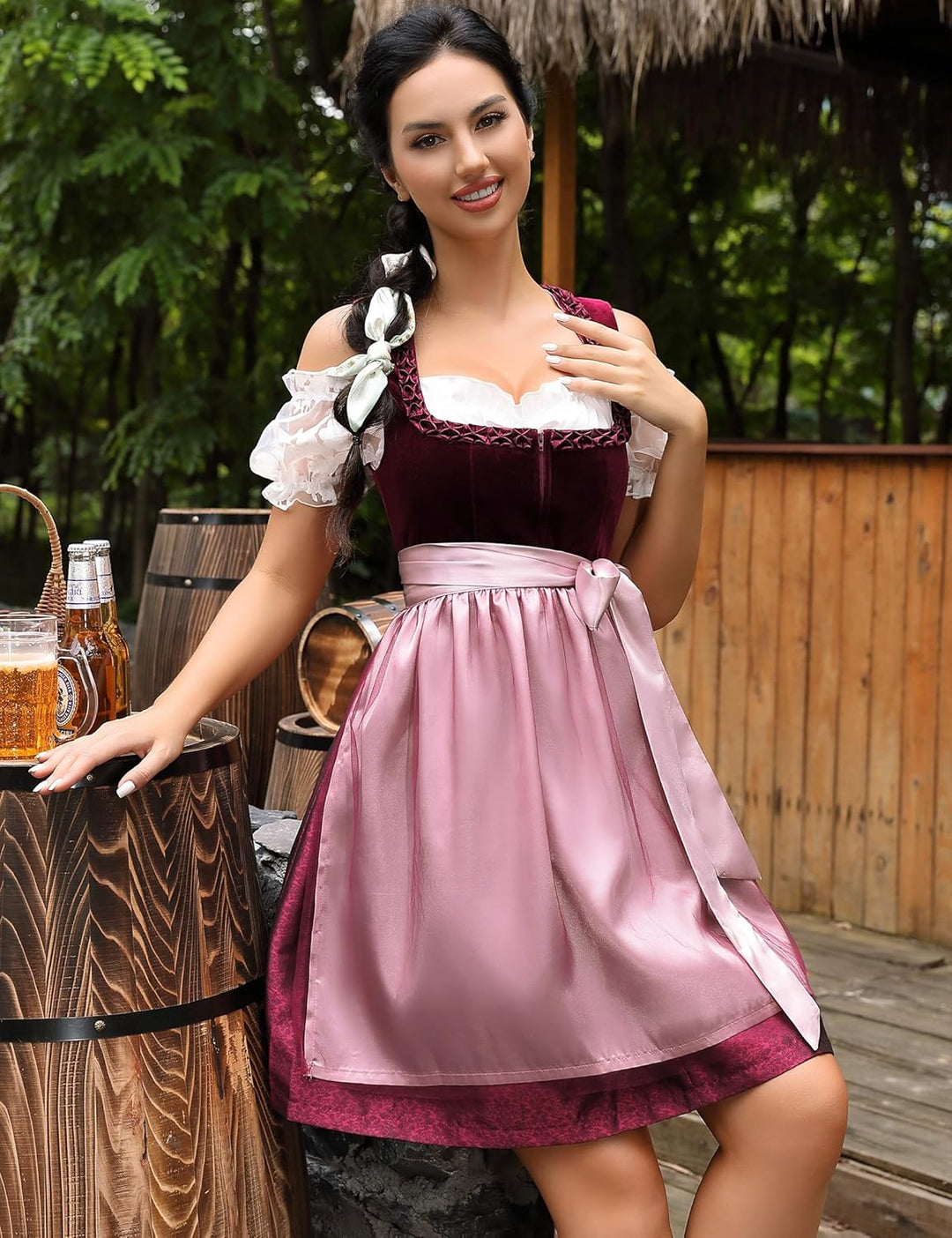 KOJOOIN Trachtenkleid Damen Dirndl Kurz Midi 3tlg. für Oktoberfest-DREI Teilig: Kleid, Bluse, Schürz