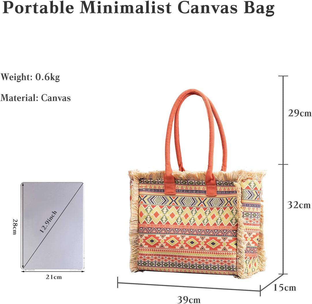 CORIOS Women Canvas Handbag Ethnic Style Tote Bag Retro Shoulder Bag with Tassels Summer Beach Bag L