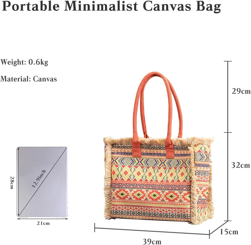 CORIOS Women Canvas Handbag Ethnic Style Tote Bag Retro Shoulder Bag with Tassels Summer Beach Bag L