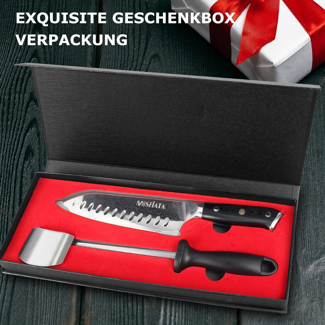 MOSFiATA Damast Santokumesser 7 Zoll, Damastmesser Küchenmesser Damaststahl Japanisches Messer Schar