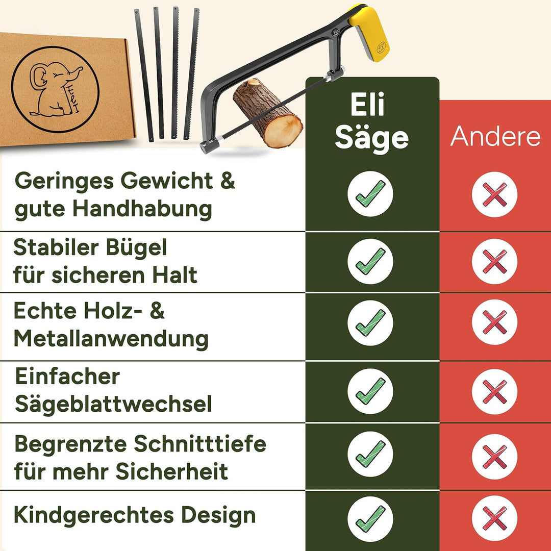 Eli® Kindersäge ab 6 Jahre inkl. 4 Sägeblätter für Holz und Metall und Bastelholz- echte Bügelsäge z