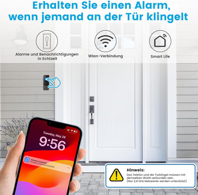 WiFi Türklingel Funk, Funkklingel Aussen Wasserdicht Kompatibel mit Smartphone App, 0-110dB Laute Kl