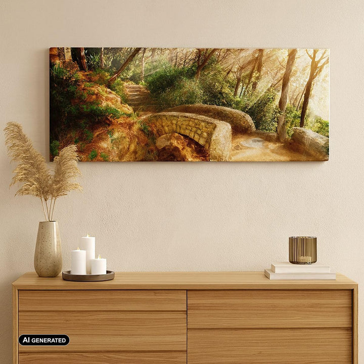 Wandbilder Dekoration Wohnzimmer Pfad Steinbrücke Wald Herbst Panorama Bilder auf Leinwand 120x50cm