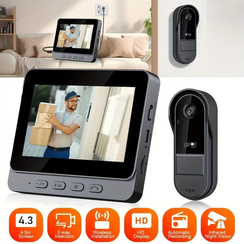 Drahtlose Video Türklingel mit Kamera Outdoor IP65 Wasserdicht 1080P kabellose Türklingel 4,3 Zoll I