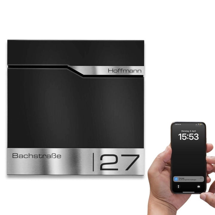 Metzler® Briefkasten mit App-Benachrichtigung und Zeitungsfach in Tiefschwarz RAL 9005 mit personali