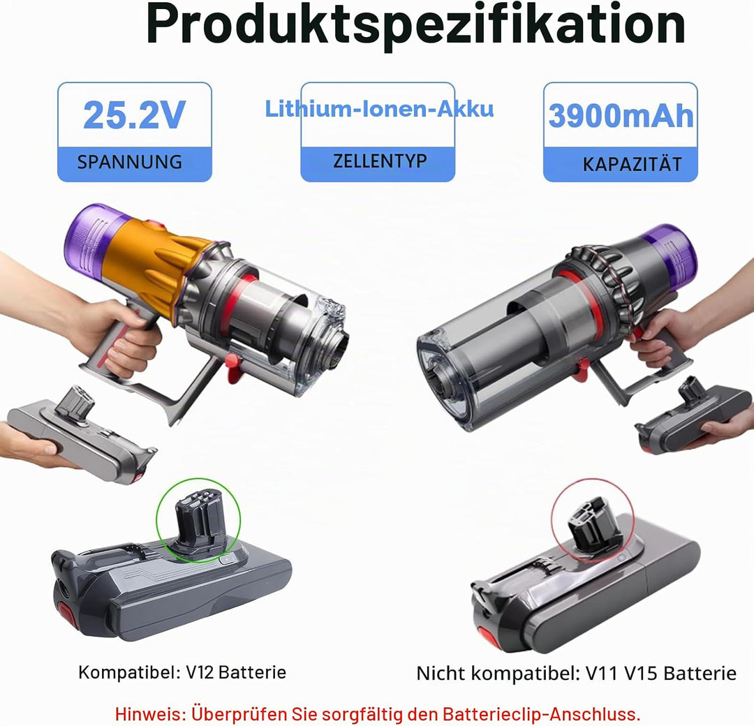 25,2 V 3900 mAh Dyson V12, Li-Ionen-Ersatzakku, kompatibel mit Dyson V12 Detect Slim SV20 SV30 SV35