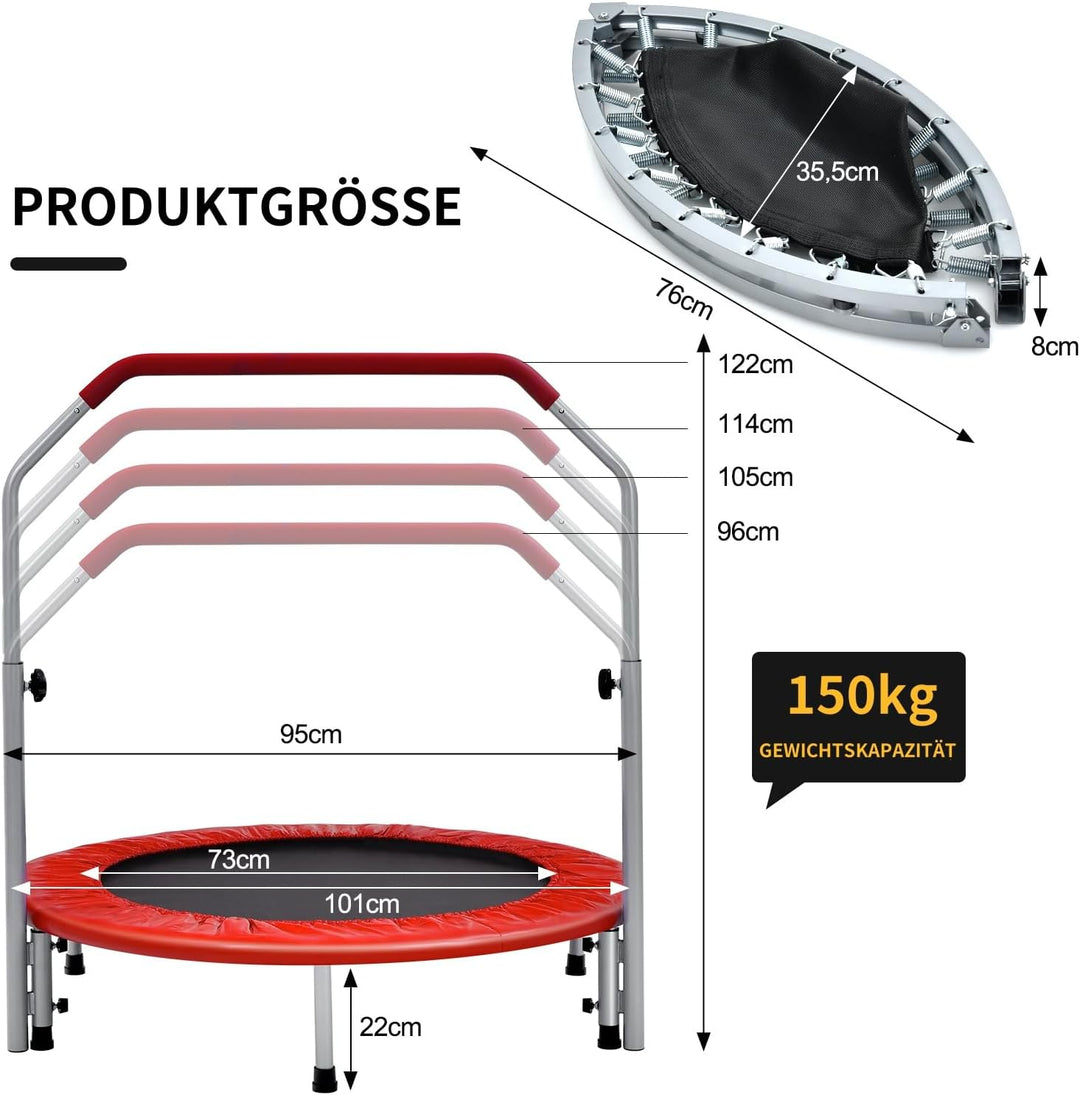 GOPLUS Fitnesstrampolin Indoor, φ101cm Mini Trampolin mit höhenverstellbarer Haltegriff, klappbares