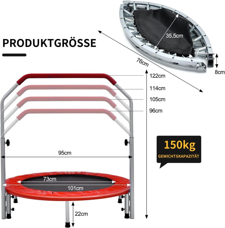 GOPLUS Fitnesstrampolin Indoor, φ101cm Mini Trampolin mit höhenverstellbarer Haltegriff, klappbares