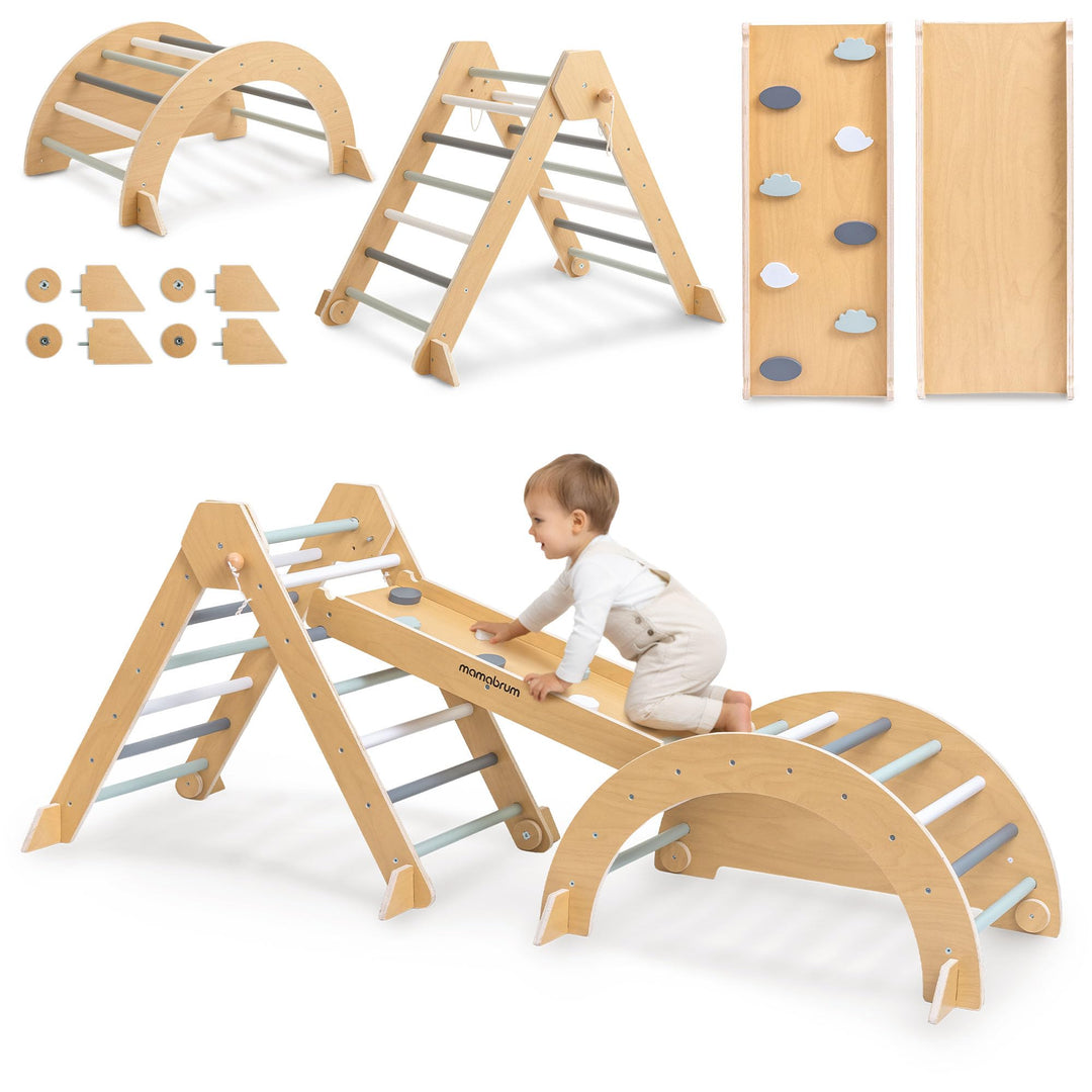 mamabrum Indoor Spielplatz Aus Holz Für Kinder – Pikler Dreieck, Kletterbogen, Rutsche Beidseitig –